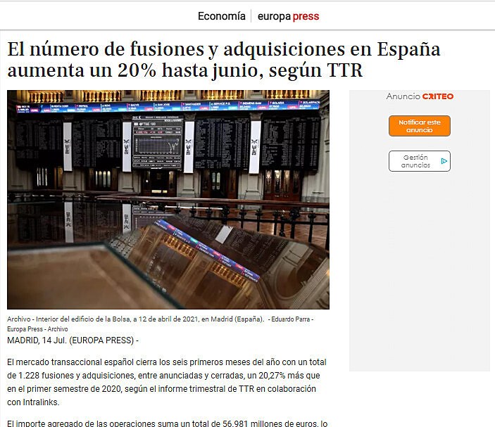 El nmero de fusiones y adquisiciones en Espaa aumenta un 20% hasta junio, segn TTR